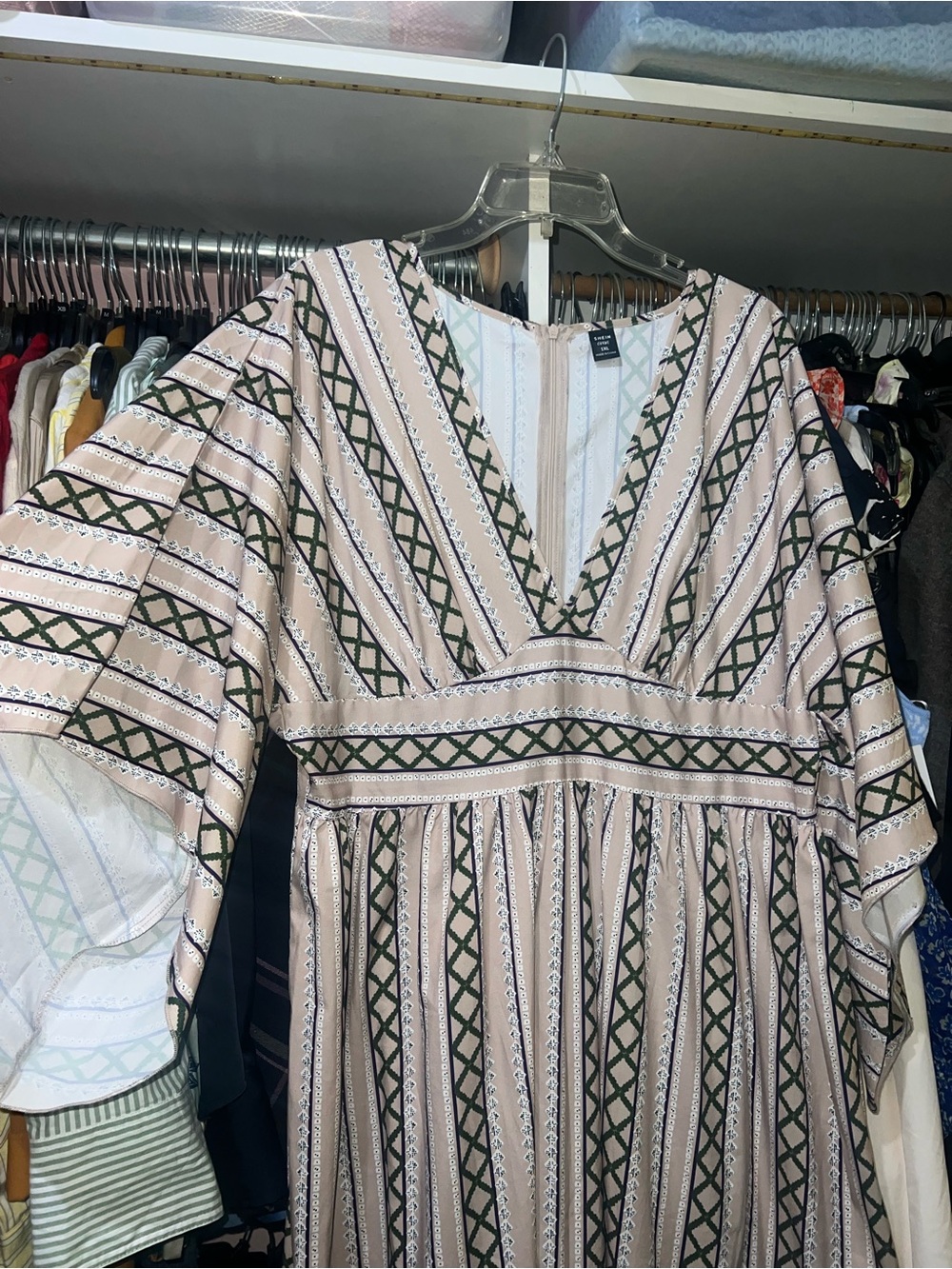 SHEIN Beige and Green Striped V-Neck Maxi Dress